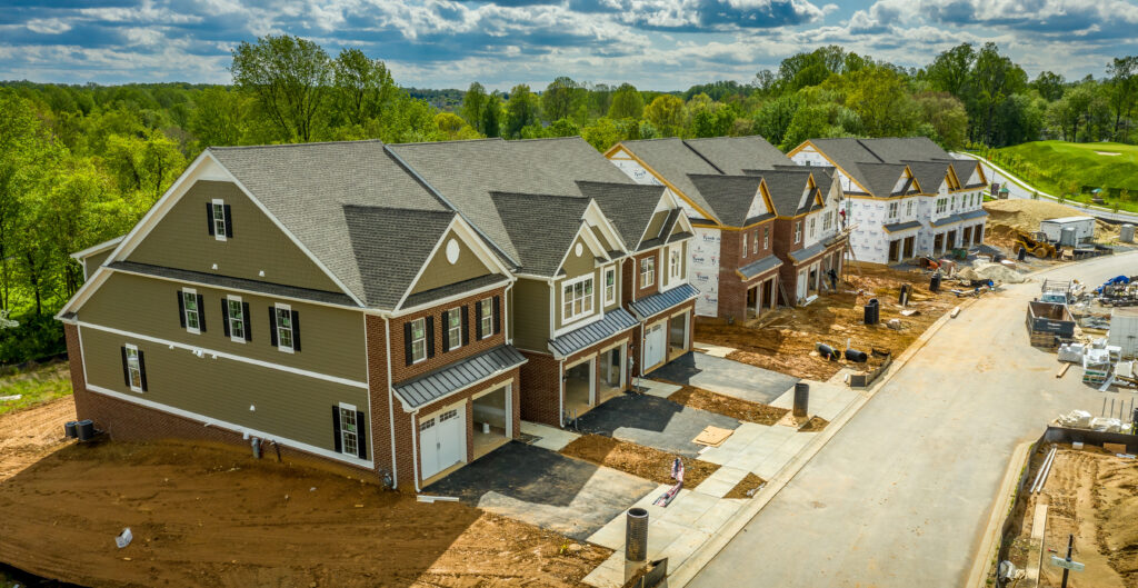Aerial shot of homes in construction for a new home development
