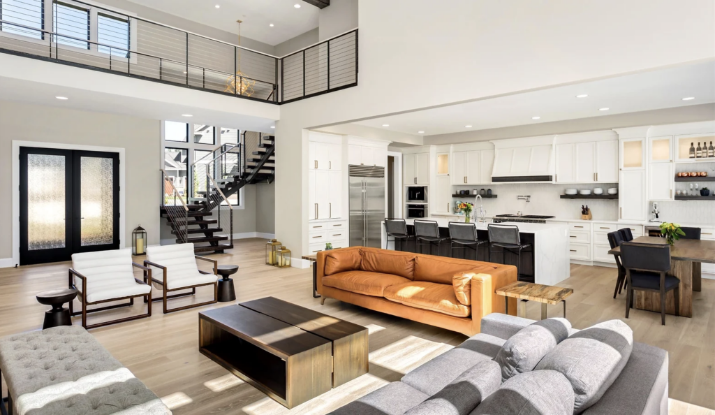 Staged model home with open floor living room plan
